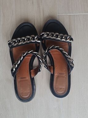 Givenchy Black Leather Sandals with Silver Chain Detail